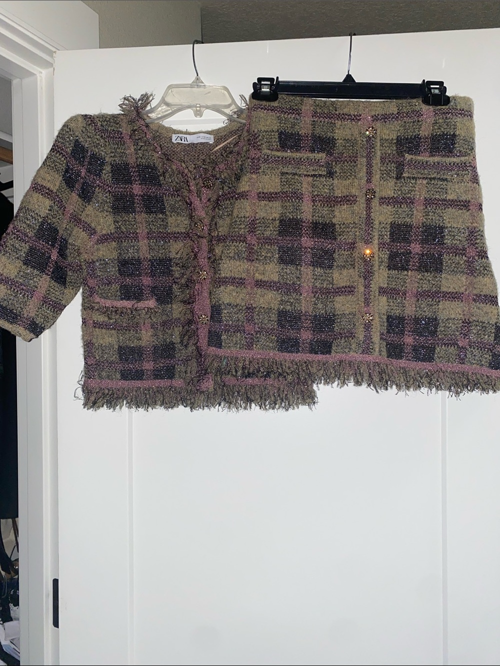 Never worn Zara women Olive Green and Mauve Plaid Tweed Jacket & Skirt Set